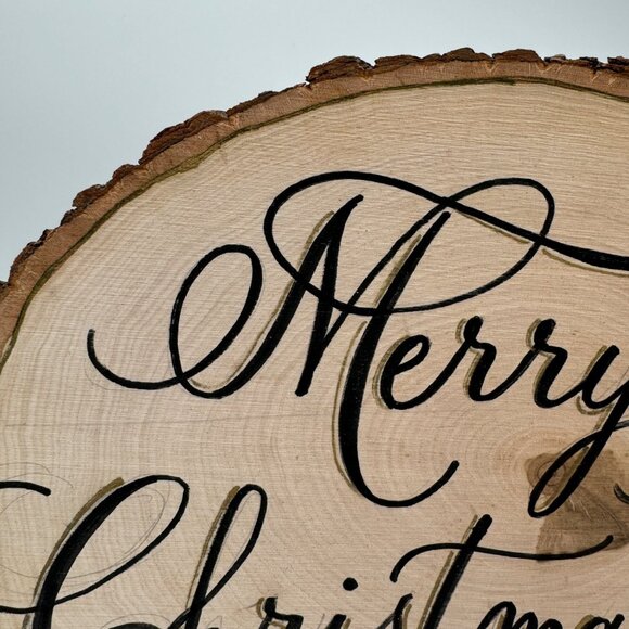 Natural hand cut wood slice hand painted with Merry. Christmas and Tree raw edge - Picture 2 of 10